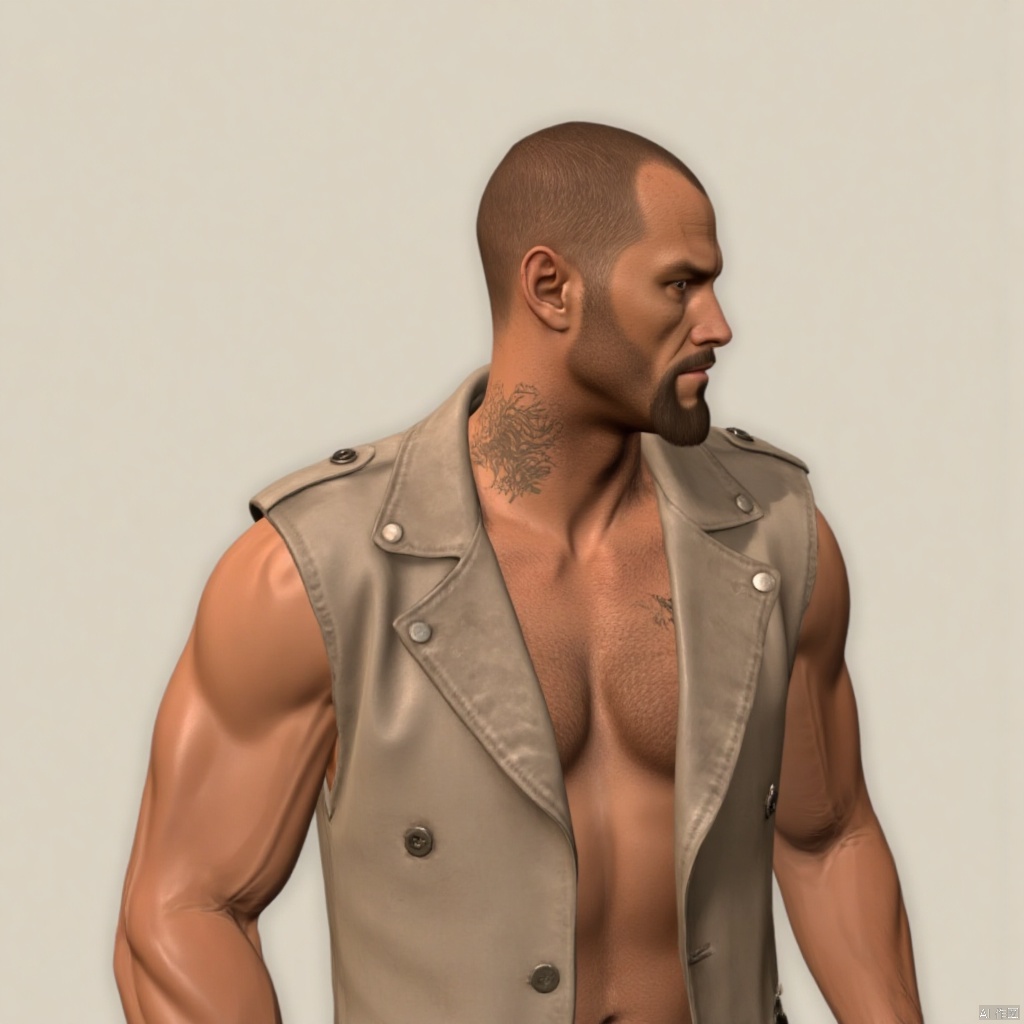 Francis,solo,simple background,1boy,navel,upper body,male focus,open clothes,sleeveless,muscular,facial hair,beard,bald,chest hair,3D
