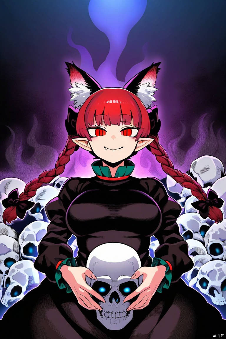 munakata_(sekimizu_kazuki), hamada_yoshikazu,negative space, cinematic shot, masterpiece, highres, absurdres, newest, wide shot, ,slimes_skullwm,made of skulls,kaenbyou_rin, touhou, 1girl, pink_hair, red_eyes, solo,animal_ears ,black_bow, black_dress , braid,breasts, cat_ears , dress,extra_ears, fang ,frilled_dress ,frills, hair_bow ,large_breasts ,long_eyelashes ,long_sleeves ,multiple_hair_bows, pointy_ears ,red_bow , red_hair, slit_pupils, smil,tight_clothes ,tight_dress, twin_braids ,fang, crazy_eyes ,holding skull, looking at viewer, seductive smile, steaming body, in heat, sweaty, lying, on back,
