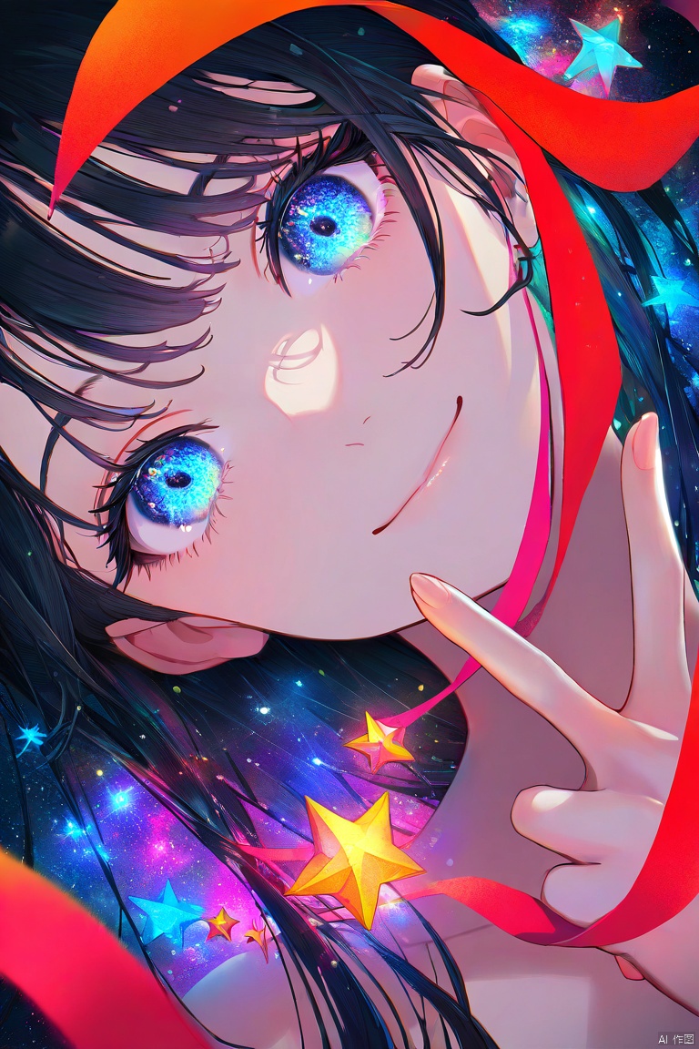 1girl, solo, colorful, eye focus, eyelashes, glowing, head tilt, long hair, looking at viewer, red ribbon, ribbon, star \(sky\), star \(symbol\), v over mouth, smile, closed mouth, black hair, portrait, close-up, masterpiece, best quality, newest, very awa
