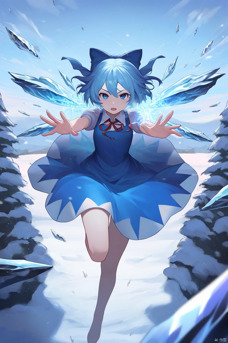(masterpiece, best quality, high quality, good quality),1girl,cirno,outstretched arms,ice,sky,snow,reaching towards viewer,outstretched arms,casting spell,midair,
