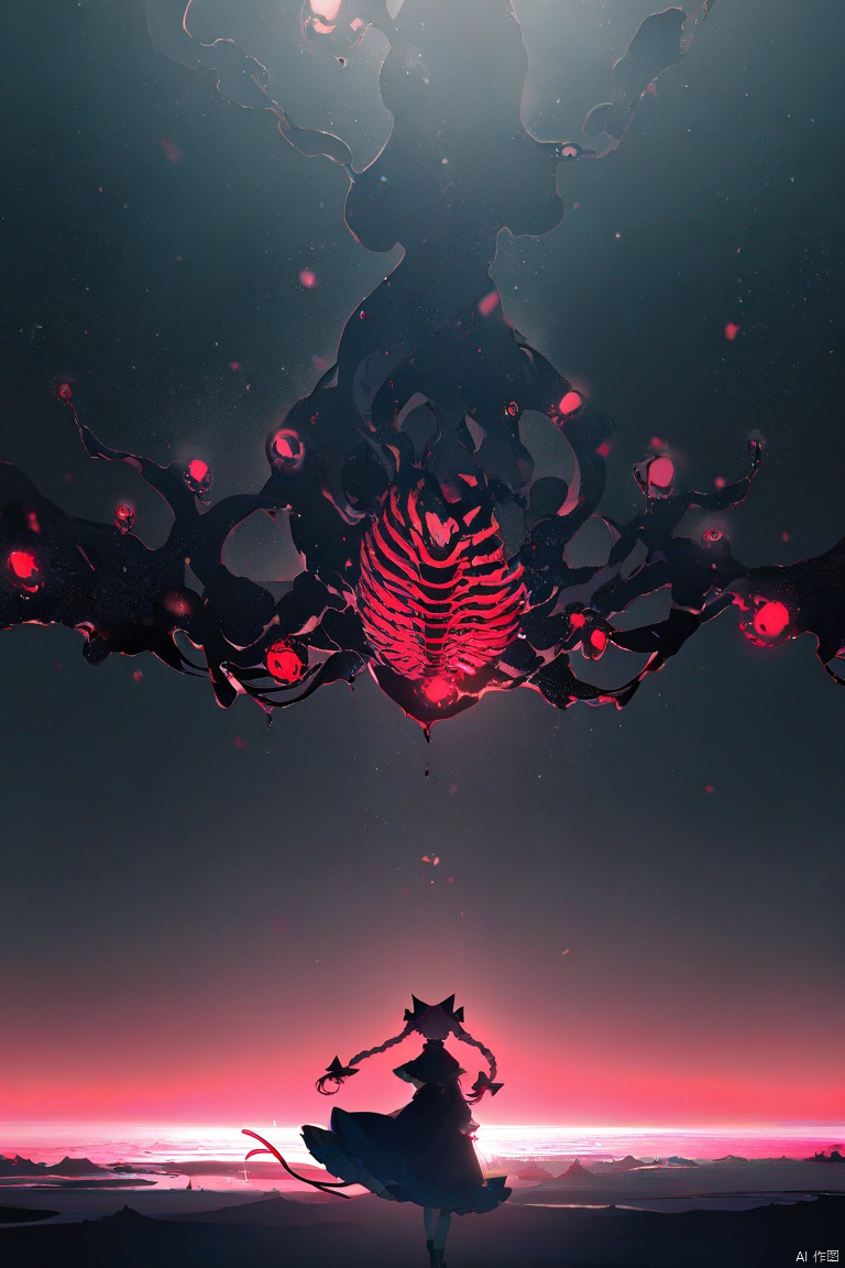 rella, rolua, negative space, cinematic shot, very awa, masterpiece, highres, absurdres, newest, wide shot, ,slimes_skullwm,made of skulls,kaenbyou_rin_(cat), touhou, 1girl, pink_hair, red_eyes, solo,
