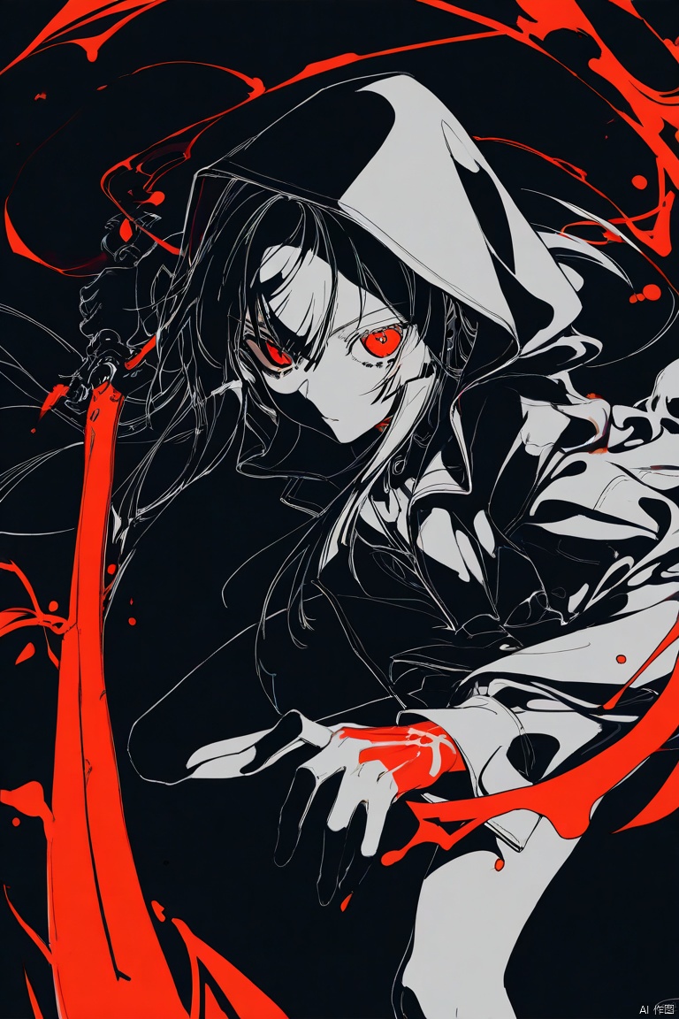nat the lich, yoneyama mai, wanke, mocha, cotton, date, senpen, ciloranko, noyu, noyu23386566, newest, (solo), lineart, monochrome, high contrast, spot color, (red sword:1.2), (fighting stance:1.2), (disheveled hair:1.1), (dark heme:1.2), chiaroscuro, foreshortening, (colorful splashes:1.1), (shining:1.1), (focus on face:1.1), Glowing skin, Strong contrast, long sleeves, simple background, red eyes, weapon, hood, black background, sword, hooded jacket, jacket, hood up, red long hair, glowing, half-closed eyes, looking at viewer Rllo ,masterpiece,best quality,amazing quality,very aesthetic,absurdres,newest,
