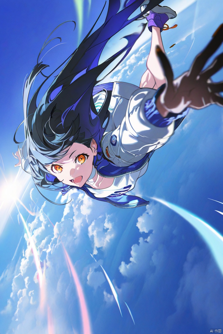 best quality,masterpiece,absurdres,newest, (dramatic angle,dynamic angle,dynamic pose:1.2), high-key lighting,volumetric lighting,light rays,hard lighting, (am314:1.25),(yoneyama mai),(nj \(annj\):1.05),(nj \(imnj\), aspara:0.7), 1girl, shiraishi an, project sekai, masterpiece, very aesthetic, absurdres, official art, sky runner jacket, solo, black and royal blue gradient hair, long hair, orange eyes, swept bangs, smiling, open mouth, looking at viewer, flying in the air, zero gravity, floating, falling, BREAK navy jacket, white dress, white choker, clothes writing, purple sneakers, beautiful blue sky, above clouds, sun light, day,
