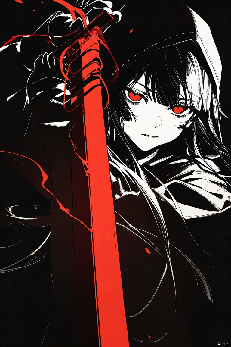 nat the lich, yoneyama mai, wanke, mocha, cotton, date, senpen, ciloranko, noyu, noyu23386566, newest, (solo), lineart, monochrome, high contrast, spot color, (red sword:1.2), (fighting stance:1.2), (disheveled hair:1.1), (dark heme:1.2), chiaroscuro, foreshortening, (colorful splashes:1.1), (shining:1.1), (focus on face:1.1), Glowing skin, Strong contrast, long sleeves, simple background, red eyes, weapon, hood, black background, sword, hooded jacket, jacket, hood up, red long hair, glowing, half-closed eyes, looking at viewer Rllo ,masterpiece,best quality,amazing quality,very aesthetic,absurdres,newest,
