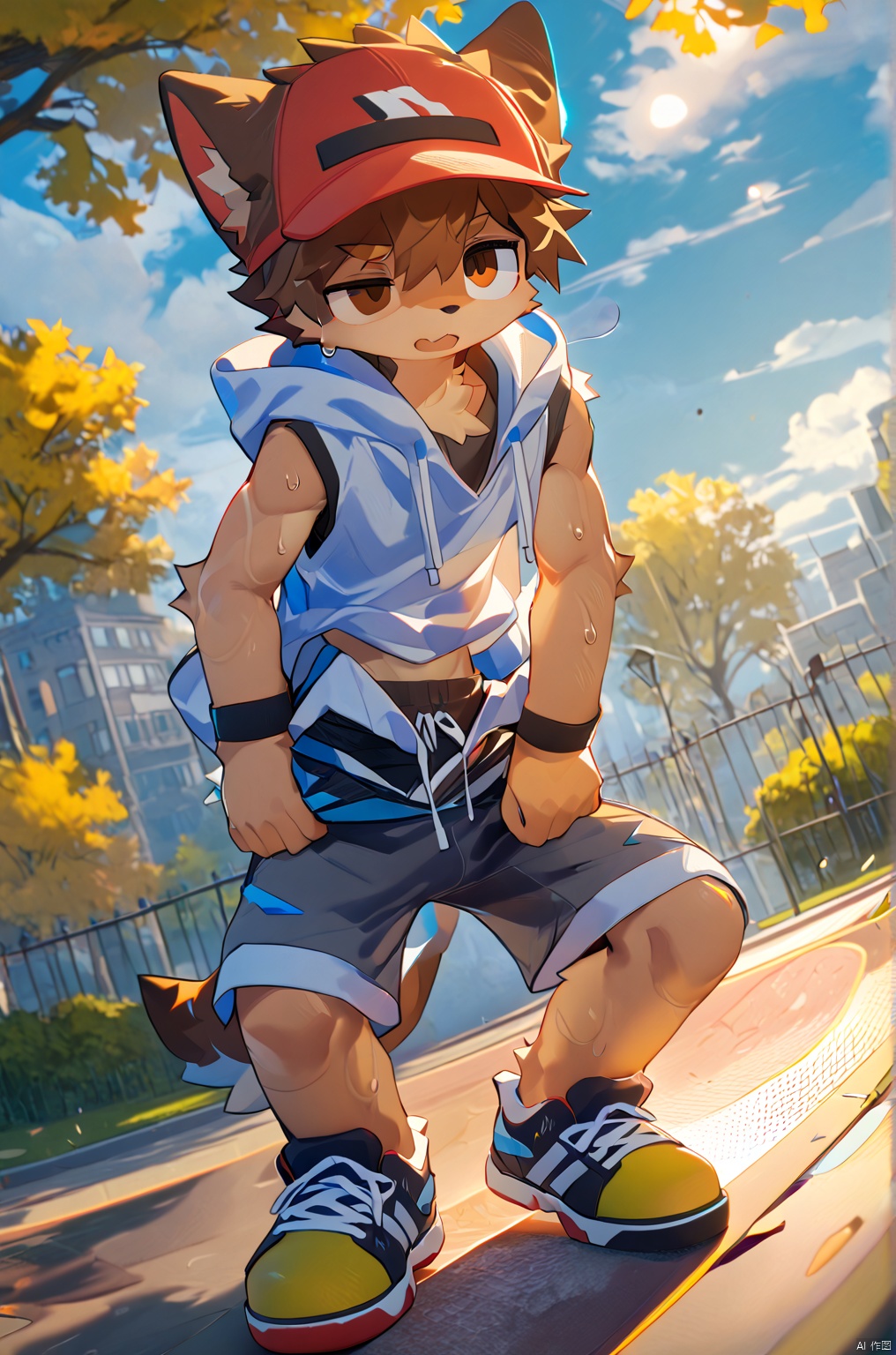 masterpiece, best quality, amazing quality, very aesthetic, high resolution, ultra-detailed, absurdres, newest, scenery, 1boy,male,solo, tsuguxl,brown hair,brown eyes,wristband, (((sleeveless hoodie,hood up),baseball cap,clothes_around_waist,shorts),bodysuit,red cap),white_hoodie, ((one eye half-closed)),concentrating,open mouth,skateboarding, big muscles,big pecs,pectorals,vein, sweat,sweatdrop, outside,park,cloudy sky, BREAK, depth of field, masterpiece, best quality, amazing quality, very aesthetic, high resolution, ultra-detailed, absurdres, newest, scenery, volumetric lighting,Akira,Glitch,body fur,furry