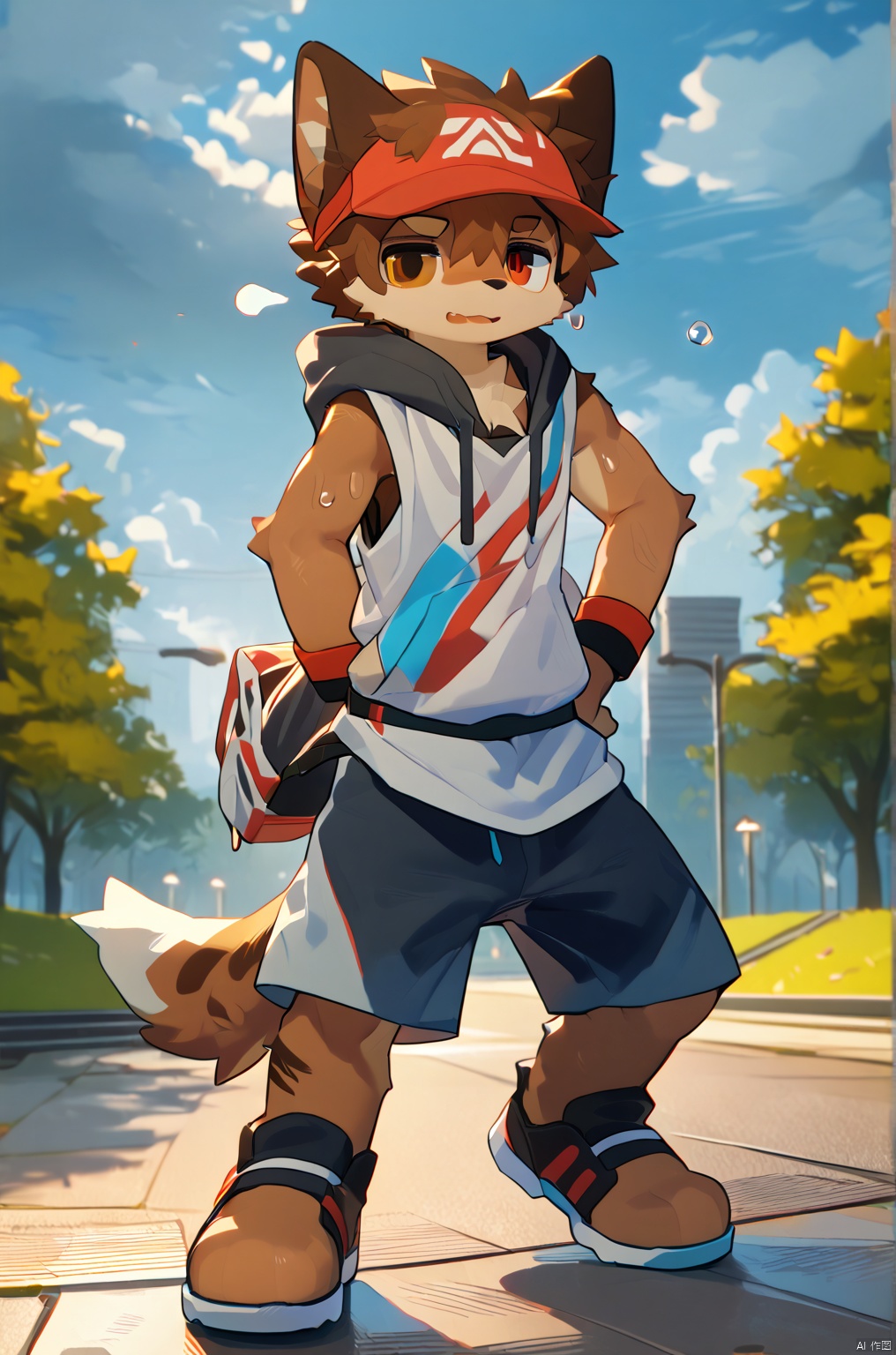 masterpiece, best quality, amazing quality, very aesthetic, high resolution, ultra-detailed, absurdres, newest, scenery, 1boy,male,solo, tsuguxl,brown hair,brown eyes,wristband, (((sleeveless hoodie,hood up),baseball cap,clothes_around_waist,shorts),bodysuit,red cap),white_hoodie, ((one eye half-closed)),concentrating,open mouth,skateboarding, big muscles,big pecs,pectorals,vein, sweat,sweatdrop, outside,park,cloudy sky, BREAK, depth of field, masterpiece, best quality, amazing quality, very aesthetic, high resolution, ultra-detailed, absurdres, newest, scenery, volumetric lighting,Akira,Glitch,body fur,furry,AKIRA