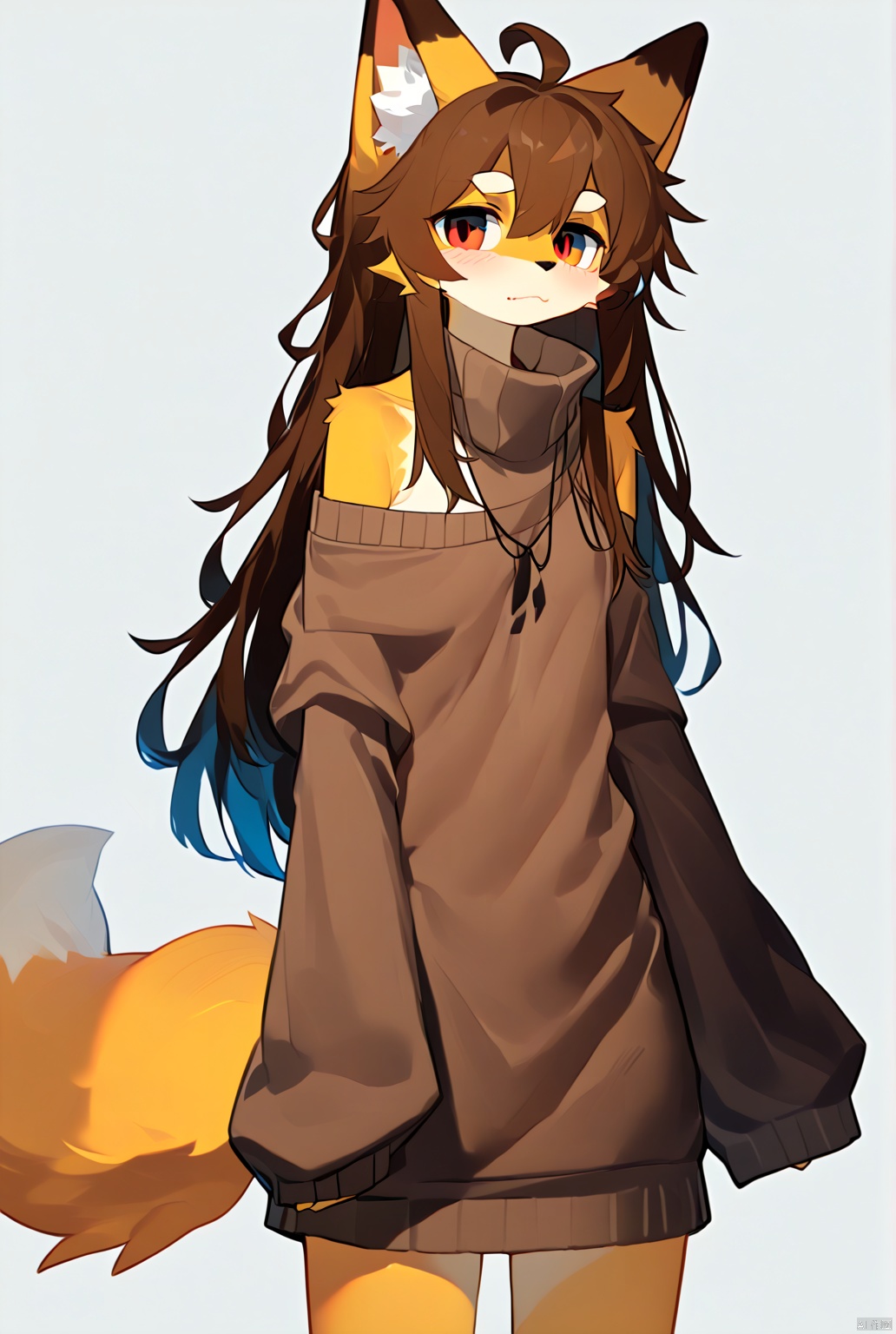 [iumu],[Sheya],[Artist chen bin],1girl, solo, long hair, looking at viewer, blush, bangs, simple background, brown hair, long sleeves, white background, animal ears, bare shoulders, very long hair, standing, tail, full body, ahoge, parted lips, detached sleeves, barefoot, hand up, wide sleeves, :o, sweater, animal ear fluff, sleeves past wrists, fox ears, bare legs, v, fox tail, fox girl, ribbed sweater, brown sweater, shota,body fur,furry