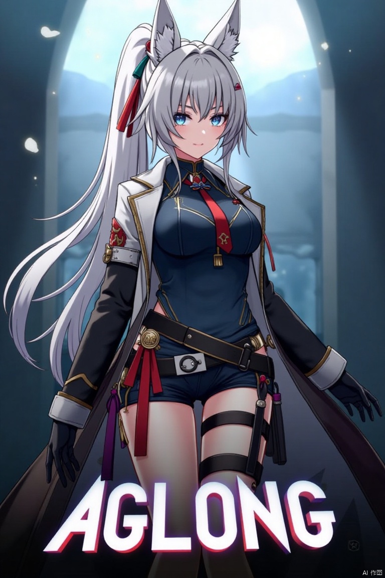 A movie poster featuring a solo 1girl with long white hair tied in a ponytail, bangs, and animal ears. She has blue eyes, a smile looking at the viewer, wearing black gloves, shorts, a belt, thigh strap with a tassel, and a jacket and coat draped over her shoulders. She is holding something, with a dynamic pose. The background is cinematic, with dramatic lighting. Below her, centered, is three-dimensional text reading AGlong in bold, matching the poster's theme.