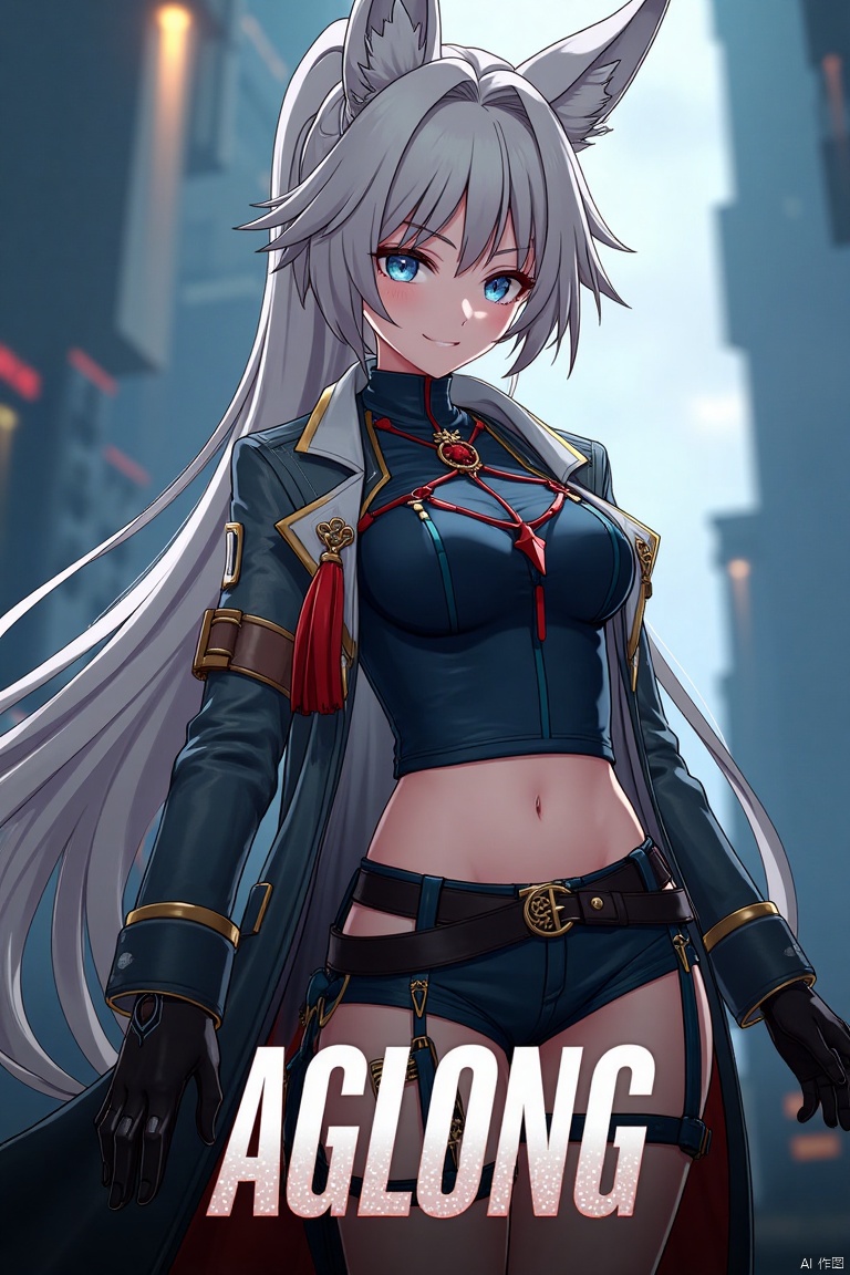 A movie poster featuring a solo 1girl with long white hair tied in a ponytail, bangs, and animal ears. She has blue eyes, a smile looking at the viewer, wearing black gloves, shorts, a belt, thigh strap with a tassel, and a jacket and coat draped over her shoulders. She is holding something, with a dynamic pose. The background is cinematic, with dramatic lighting. Below her, centered, is three-dimensional text reading AGlong in bold, matching the poster's theme.