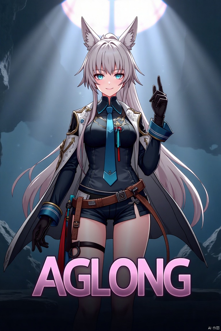 A movie poster featuring a solo 1girl with long white hair, blue eyes, and bangs, smiling and looking at the viewer. She has animal ears, a ponytail, and is wearing black gloves, shorts, a belt with a thigh strap, and a tassel. She is holding something, with a jacket and coat draped over her shoulders. The background is cinematic with dramatic lighting, framing her prominently. Below her, centered, is three-dimensional text reading AGlong, fitting the poster's theme.