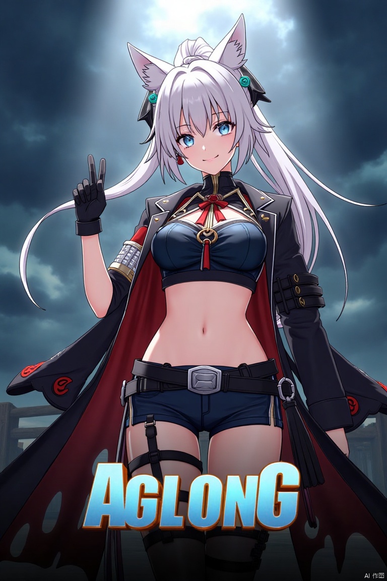 A movie poster featuring a solo 1girl with long white hair tied in a ponytail, bangs, and animal ears. She has blue eyes, a smile looking at the viewer, wearing black gloves, shorts, a belt, thigh strap with a tassel, and a jacket and coat draped over her shoulders. She is holding something, with a dynamic pose. The background is cinematic, with dramatic lighting. Below her, centered, is three-dimensional text reading AGlong in bold, matching the poster's theme.
