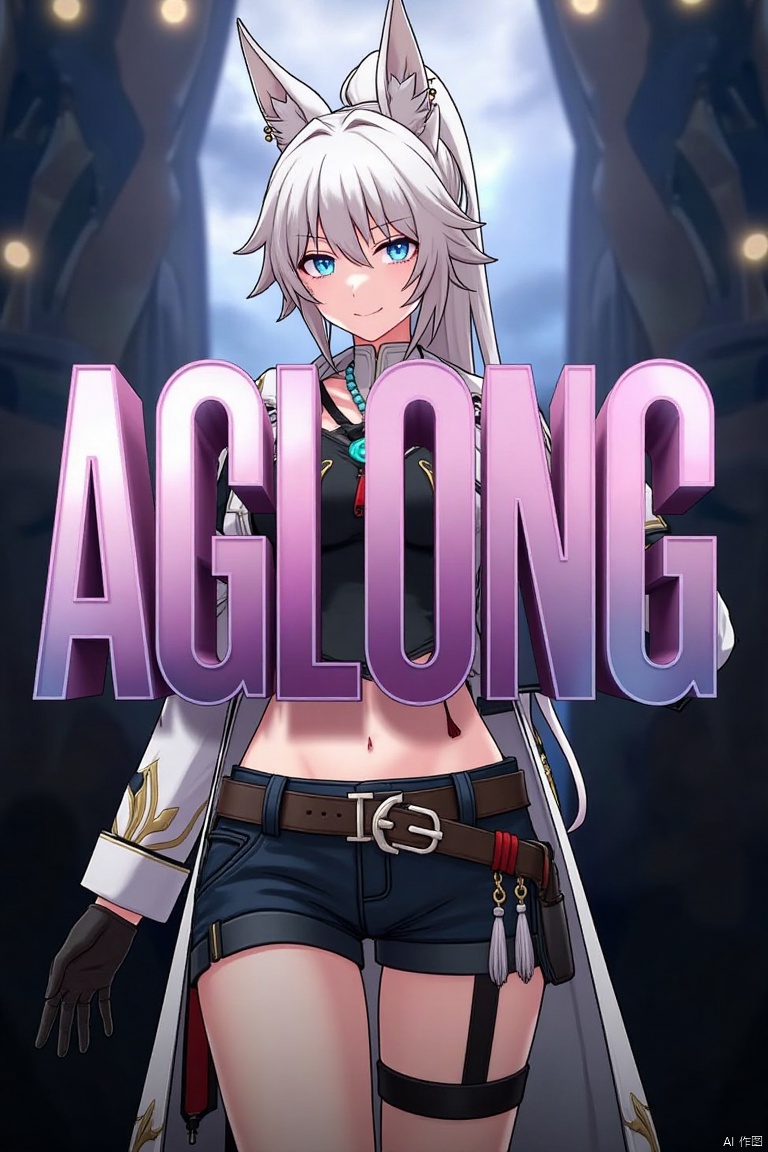 A movie poster featuring a solo 1girl with long white hair tied in a ponytail, bangs, and animal ears. She has blue eyes, a smile, and is looking at the viewer. She wears black gloves, shorts, a belt with a thigh strap and tassel, and a jacket and coat draped over her shoulders. She is holding something, possibly a prop. The background is dynamic with dramatic lighting. The three-dimensional text AGlong is prominently displayed in the middle, with the poster theme below it, creating a striking and captivating composition.