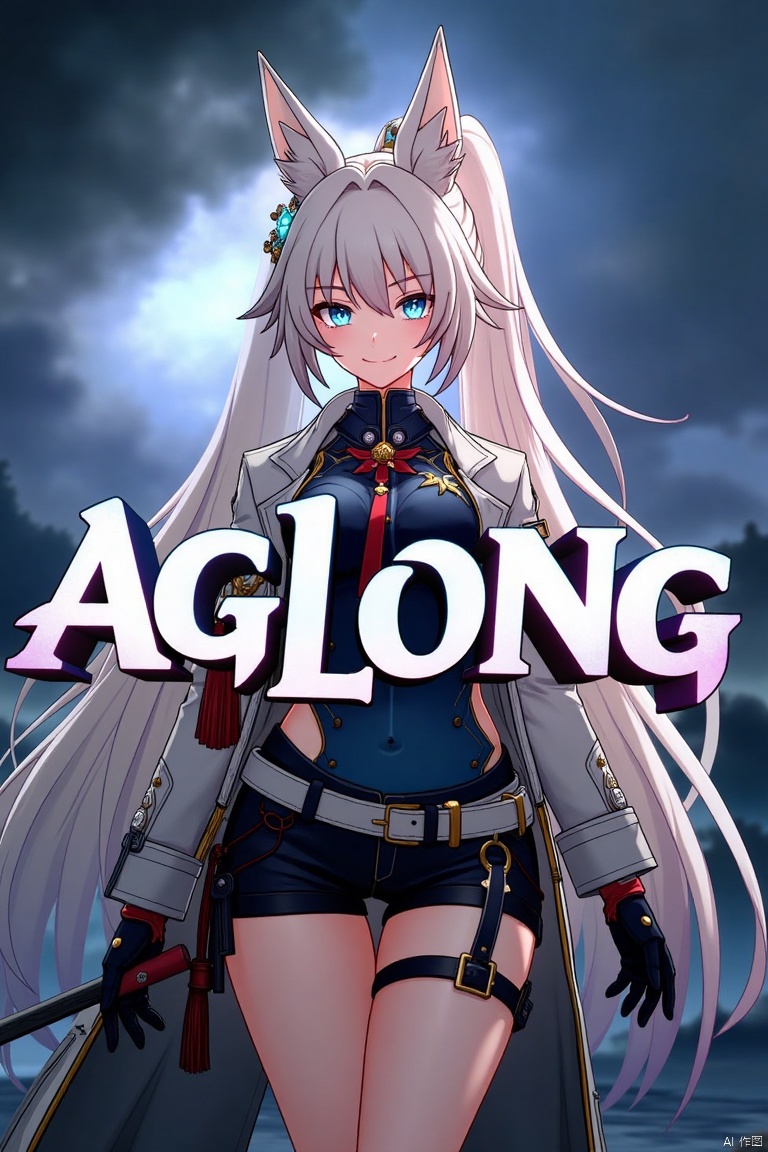 A movie poster featuring a solo 1girl with long white hair tied in a ponytail, bangs, and animal ears. She has blue eyes, a smile, and is looking at the viewer. She wears black gloves, shorts, a belt with a thigh strap and tassel, and a jacket and coat draped over her shoulders. She is holding something, possibly a prop. The background is dynamic with dramatic lighting. The three-dimensional text AGlong is prominently displayed in the middle, with the poster theme below it, creating a striking and captivating composition.