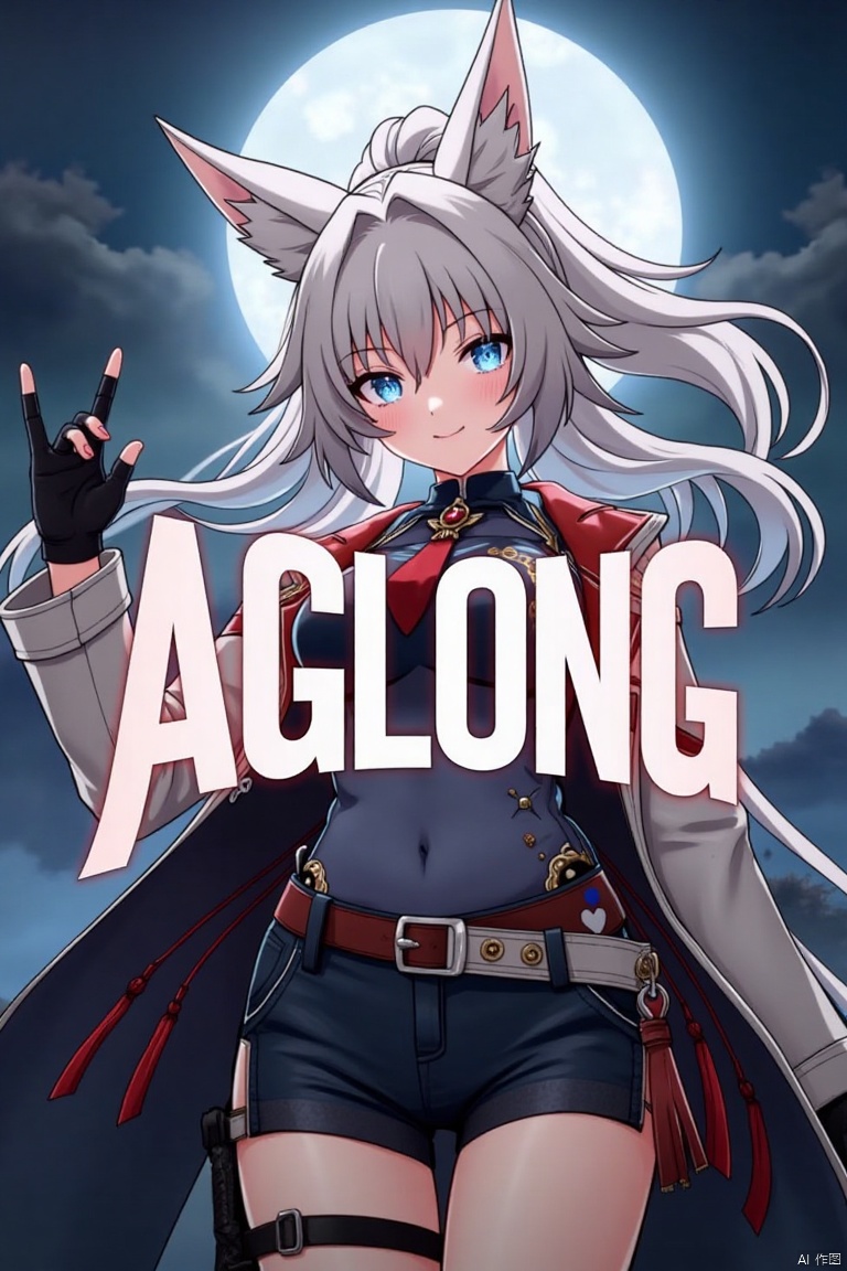 A movie poster featuring a solo 1girl with long white hair tied in a ponytail, bangs, and animal ears. She has blue eyes, a smile, and is looking at the viewer. She wears black gloves, shorts, a belt with a thigh strap and tassel, and a jacket and coat draped over her shoulders. She is holding something, possibly a prop. The background is dynamic with dramatic lighting. The three-dimensional text AGlong is prominently displayed in the middle, with the poster theme below it, creating a striking and captivating composition.