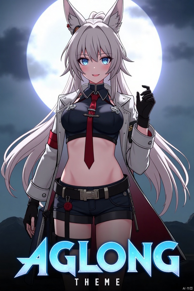 A movie poster featuring a solo 1girl with long white hair tied in a ponytail, bangs, and animal ears. She has blue eyes, a smile, and is looking at the viewer. She wears black gloves, shorts, a belt with a thigh strap and tassel, and a jacket and coat draped over her shoulders. She is holding something, possibly a prop. The background is dynamic with dramatic lighting. The three-dimensional text AGlong is prominently displayed in the middle, with the poster theme below it, creating a striking and captivating composition.