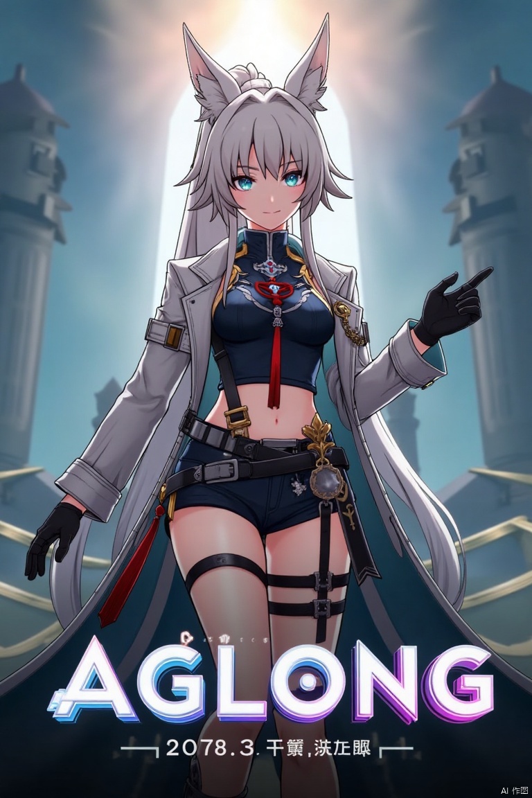 A movie poster featuring a solo 1girl with long white hair tied in a ponytail, bangs, and animal ears. She has blue eyes, a smile looking at the viewer, wearing black gloves, shorts, a belt with a thigh strap and tassel, and a jacket and coat draped over her shoulders. She is holding something, with a dynamic pose. The background is cinematic, with dramatic lighting and composition. Below her, in the middle, is three-dimensional text reading AGlong with the poster theme integrated.