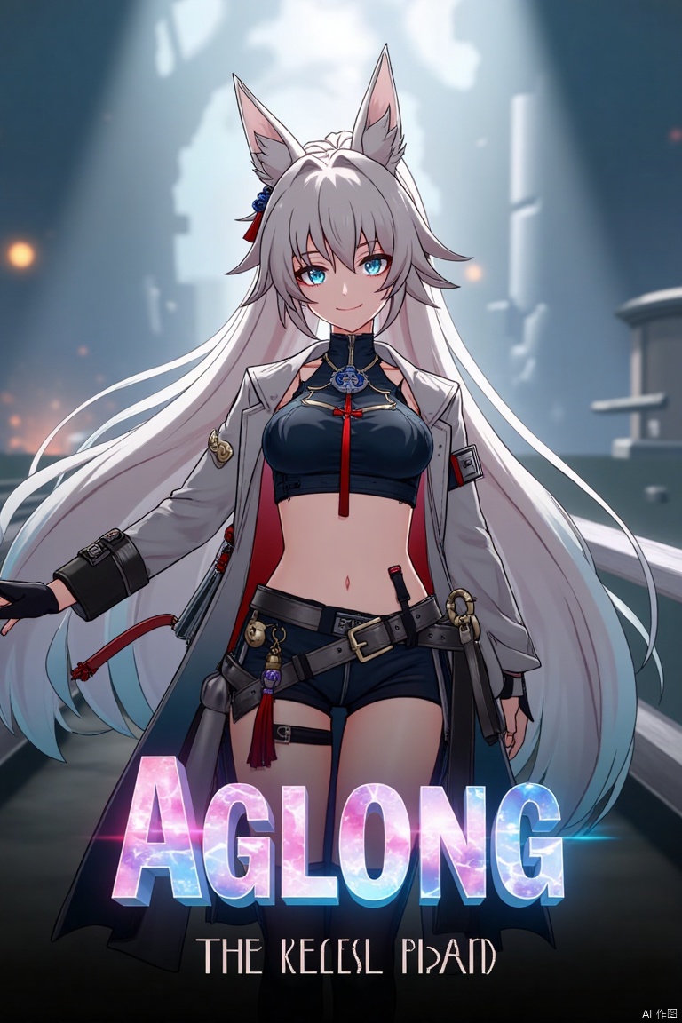 A movie poster featuring a solo 1girl with long white hair tied in a ponytail, bangs, and animal ears. She has blue eyes, a smile looking at the viewer, wearing black gloves, shorts, a belt with a thigh strap and tassel, and a jacket and coat draped over her shoulders. She is holding something, with a dynamic pose. The background is cinematic, with dramatic lighting and composition. Below her, in the middle, is three-dimensional text reading AGlong with the poster theme integrated.