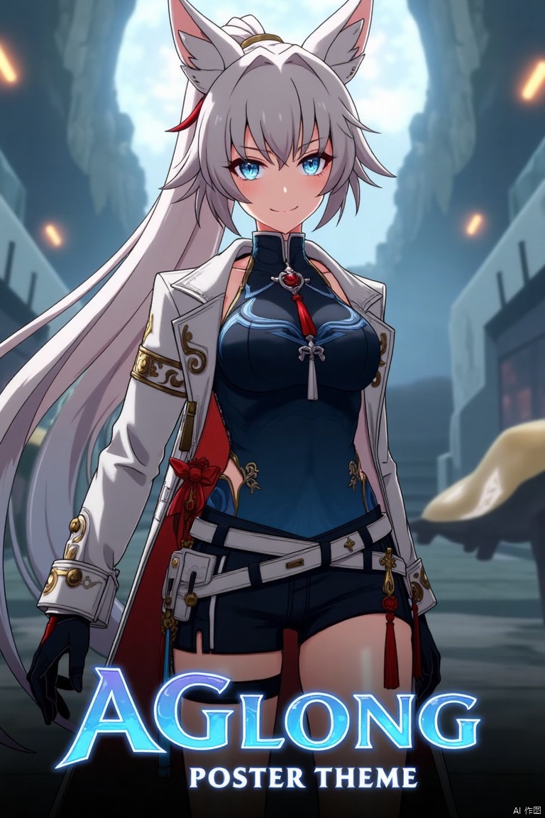 A movie poster featuring a solo 1girl with long white hair tied in a ponytail, bangs, and animal ears. She has blue eyes, a smile looking at the viewer, wearing black gloves, shorts, a belt with a thigh strap and tassel, and a jacket and coat draped over her shoulders. She is holding something, with a dynamic pose. The background is cinematic, with dramatic lighting and composition. Below her, in the middle, is three-dimensional text reading AGlong with the poster theme integrated.