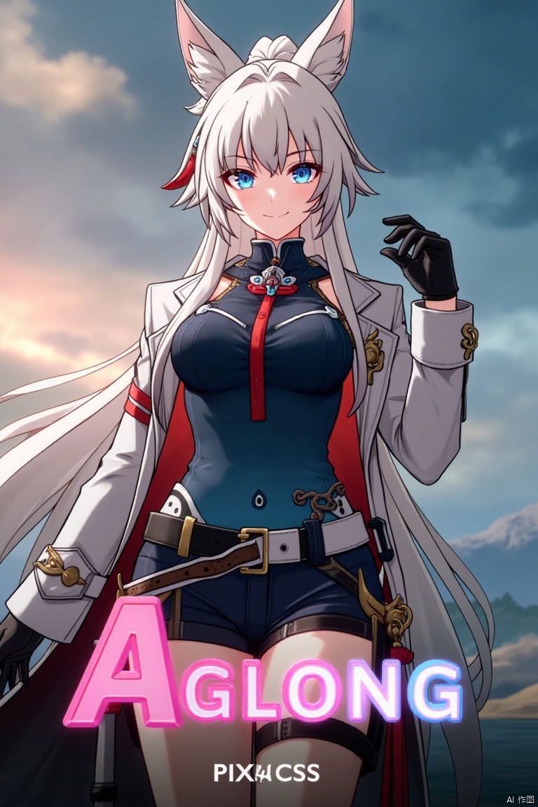 A movie poster featuring a solo 1girl with long white hair tied in a ponytail, bangs, and animal ears. She has blue eyes, a smile looking at the viewer, wearing black gloves, shorts, a belt with a thigh strap and tassel, and a jacket and coat draped over her shoulders. She is holding something, with a dynamic pose. The background is cinematic, with dramatic lighting and composition. Below her, in the middle, is three-dimensional text reading AGlong with the poster theme integrated.