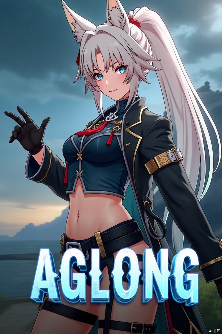 A movie poster featuring a solo 1girl with long white hair tied in a ponytail, bangs, and animal ears. She has blue eyes, a smile looking at the viewer, wearing black gloves, shorts, a belt with a thigh strap and tassel, and a jacket and coat draped over her shoulders. She is holding something, with a dynamic pose. The background is cinematic, with dramatic lighting and composition. Below her, in the middle, is three-dimensional text reading AGlong with the poster theme integrated.