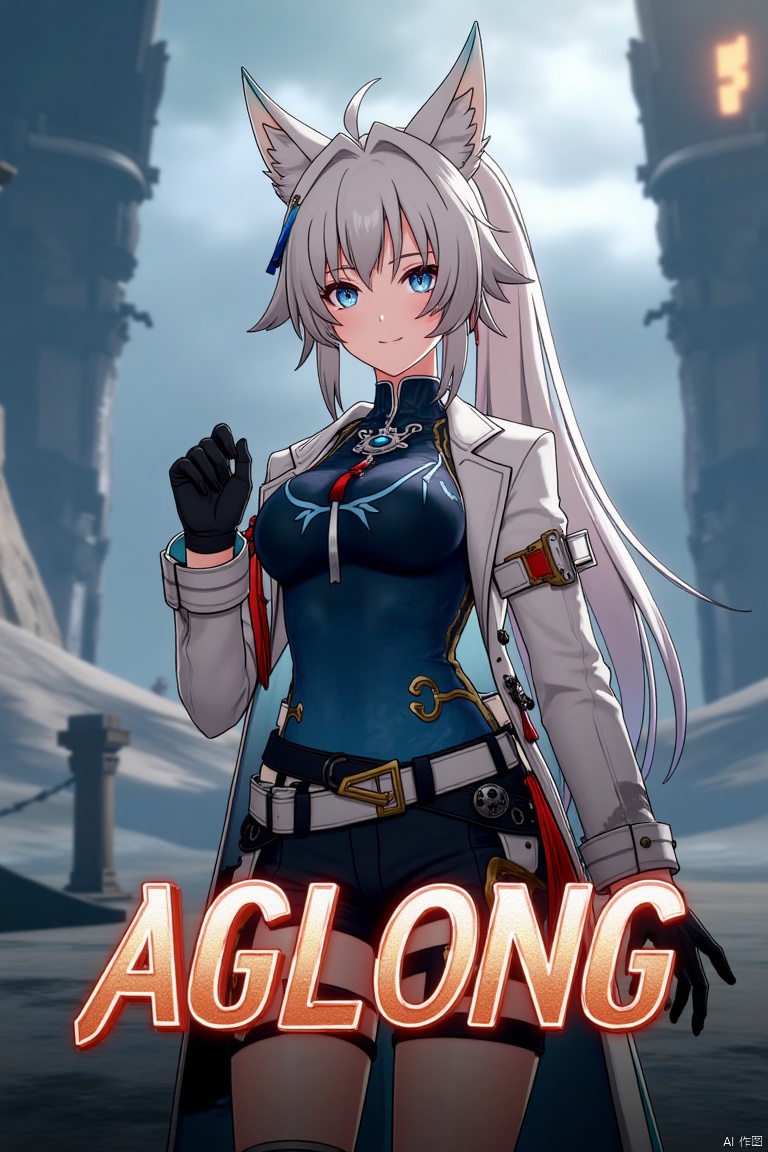 A movie poster featuring a solo 1girl with long white hair, blue eyes, and bangs, smiling at the viewer. She has animal ears, a ponytail, and is wearing black gloves, shorts, a belt with a thigh strap, and a tassel. Her jacket and coat are draped over her shoulders. She is holding something, with a dynamic pose centered in the frame. The background is cinematic, with dramatic lighting and a focus on her expressive face. Below her, three-dimensional text AGlong stands out, matching the poster's theme. The composition is balanced, with her figure and the text creating a visually striking layout.