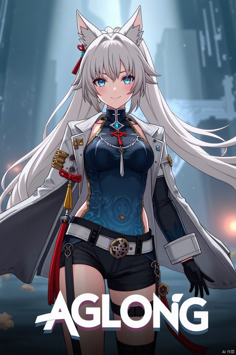 A movie poster featuring a solo 1girl with long white hair, blue eyes, and bangs, smiling at the viewer. She has animal ears, a ponytail, and is wearing black gloves, shorts, a belt with a thigh strap, and a tassel. Her jacket and coat are draped over her shoulders. She is holding something, with a dynamic pose centered in the frame. The background is cinematic, with dramatic lighting and a focus on her expressive face. Below her, three-dimensional text AGlong stands out, matching the poster's theme. The composition is balanced, with her figure and the text creating a visually striking layout.