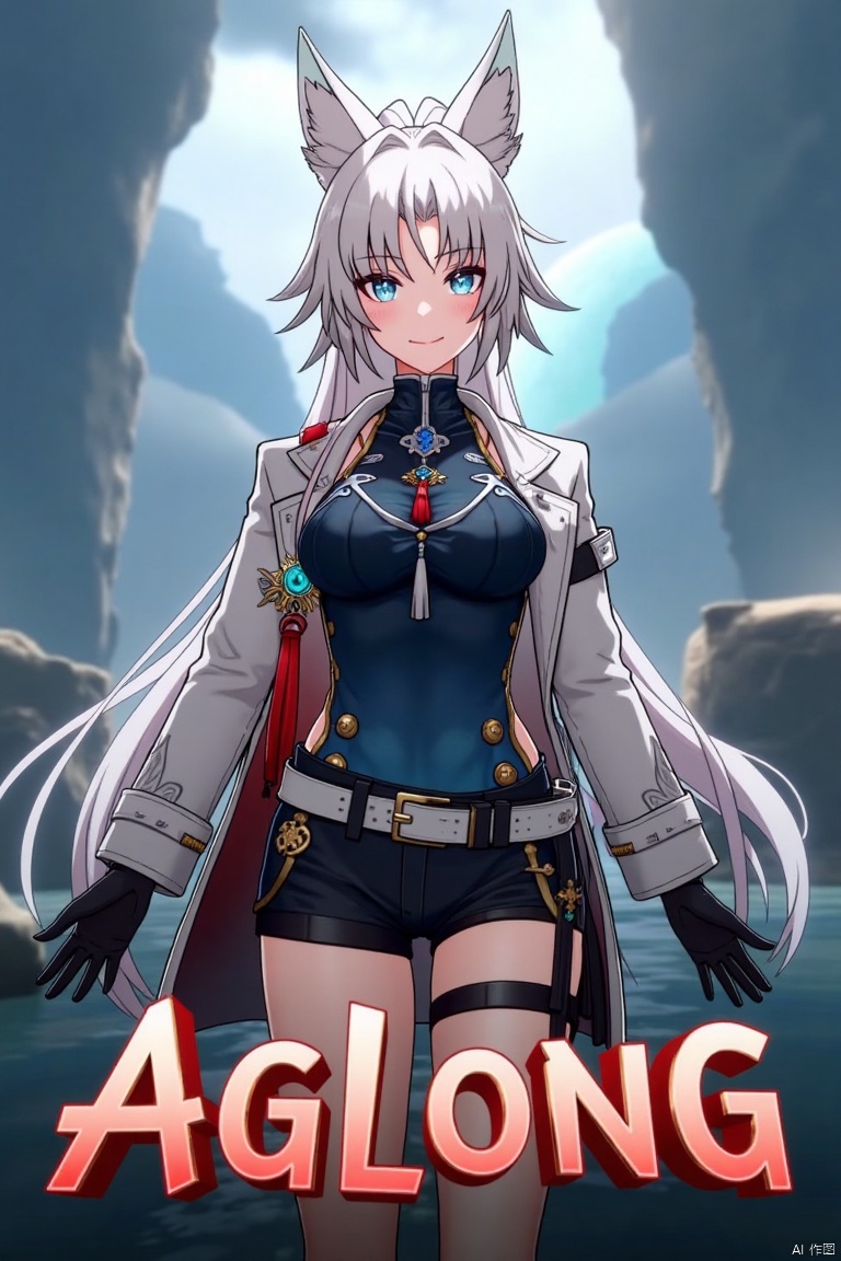 A movie poster featuring a solo 1girl with long white hair, blue eyes, and bangs, smiling at the viewer. She has animal ears, a ponytail, and is wearing black gloves, shorts, a belt with a thigh strap, and a tassel. Her jacket and coat are draped over her shoulders. She is holding something, with a dynamic pose centered in the frame. The background is cinematic, with dramatic lighting and a focus on her expressive face. Below her, three-dimensional text AGlong stands out, matching the poster's theme. The composition is balanced, with her figure and the text creating a visually striking layout.