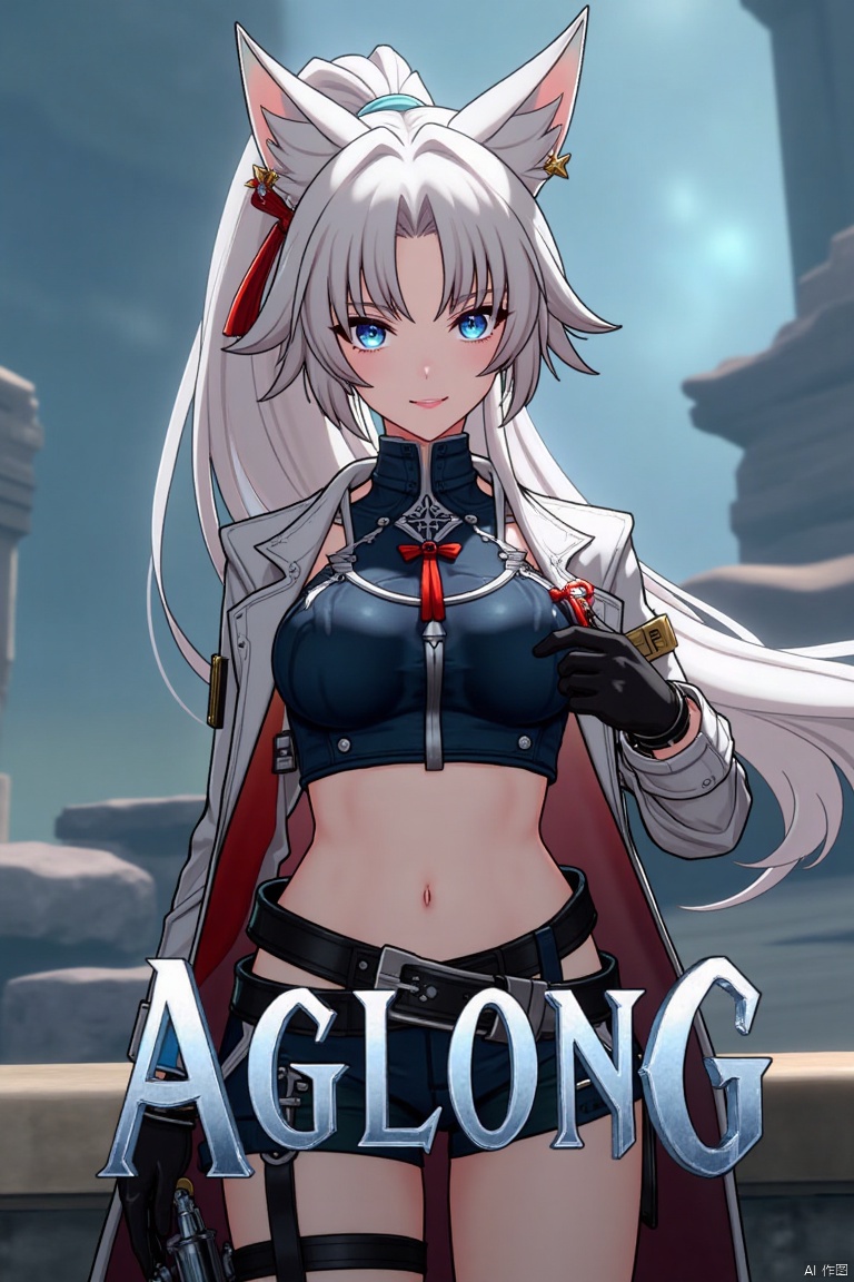 A movie poster featuring a solo 1girl with long white hair, blue eyes, and bangs, smiling at the viewer. She has animal ears, a ponytail, and is wearing black gloves, shorts, a belt with a thigh strap, and a tassel. Her jacket and coat are draped over her shoulders. She is holding something, with a dynamic pose centered in the frame. The background is cinematic, with dramatic lighting and a focus on her expressive face. Below her, three-dimensional text AGlong stands out, matching the poster's theme. The composition is balanced, with her figure and the text creating a visually striking layout.