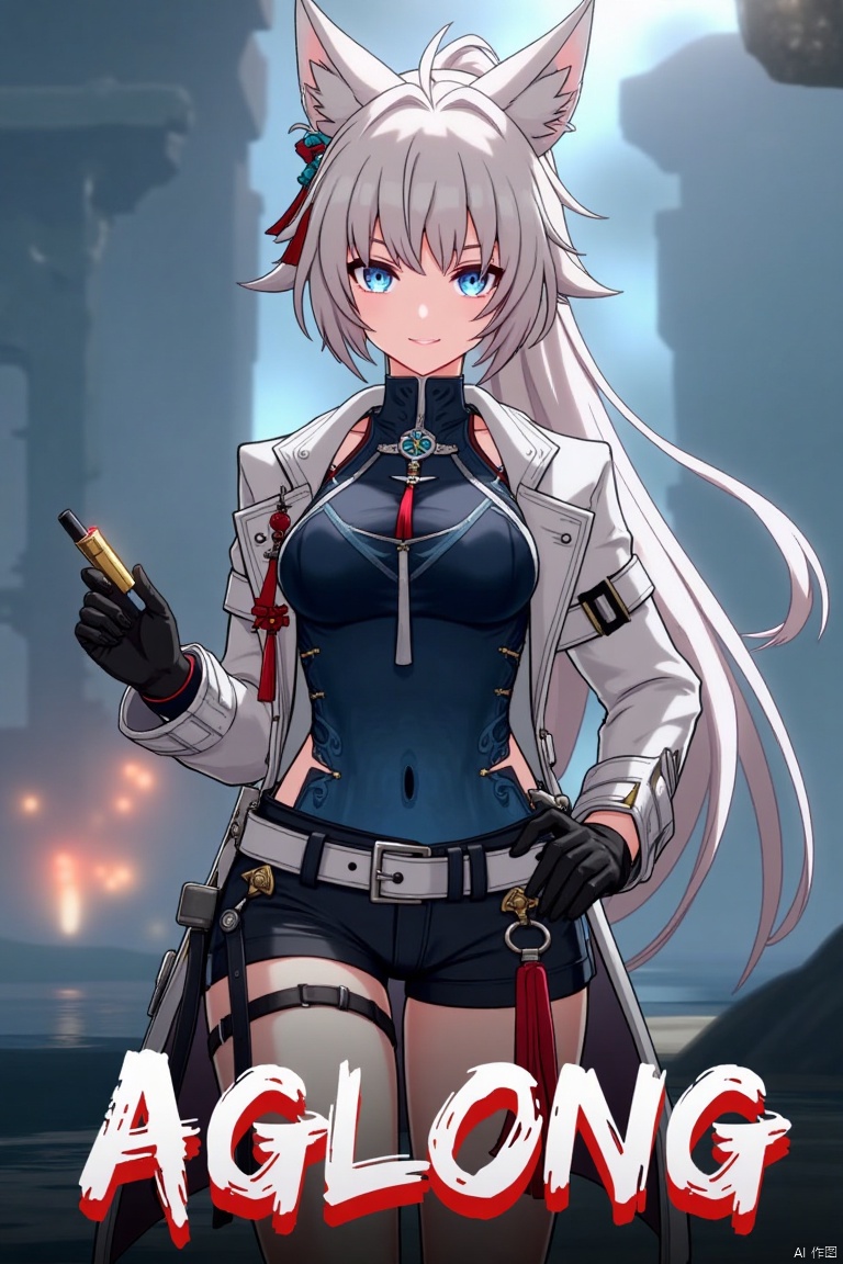 A movie poster featuring a solo 1girl with long white hair, blue eyes, and bangs, smiling at the viewer. She has animal ears, a ponytail, and is wearing black gloves, shorts, a belt with a thigh strap, and a tassel. Her jacket and coat are draped over her shoulders. She is holding something, with a dynamic pose centered in the frame. The background is cinematic, with dramatic lighting and a focus on her expressive face. Below her, three-dimensional text AGlong stands out, matching the poster's theme. The composition is balanced, with her figure and the text creating a visually striking layout.