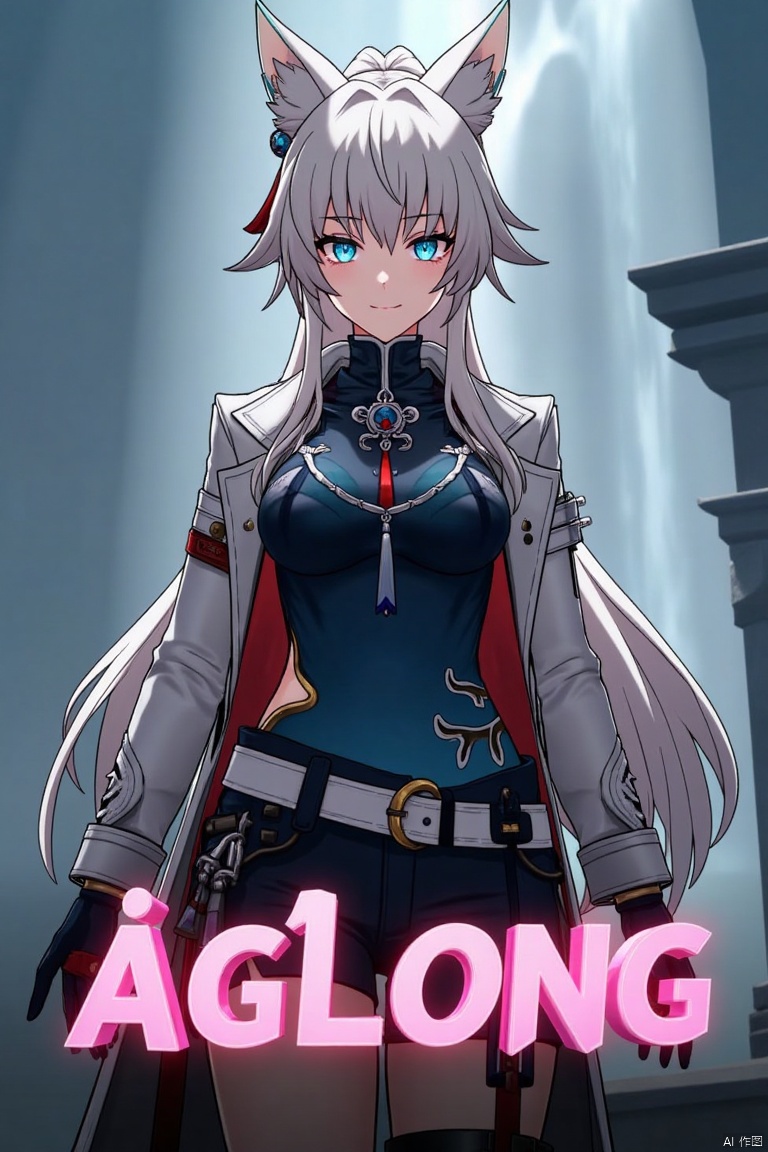 A movie poster featuring a solo 1girl with long white hair, blue eyes, and bangs, smiling at the viewer. She has animal ears, a ponytail, and is wearing black gloves, shorts, a belt with a thigh strap, and a tassel. Her jacket and coat are draped over her shoulders. She is holding something, with a dynamic pose centered in the frame. The background is cinematic, with dramatic lighting and a focus on her expressive face. Below her, three-dimensional text AGlong stands out, matching the poster's theme. The composition is balanced, with her figure and the text creating a visually striking layout.