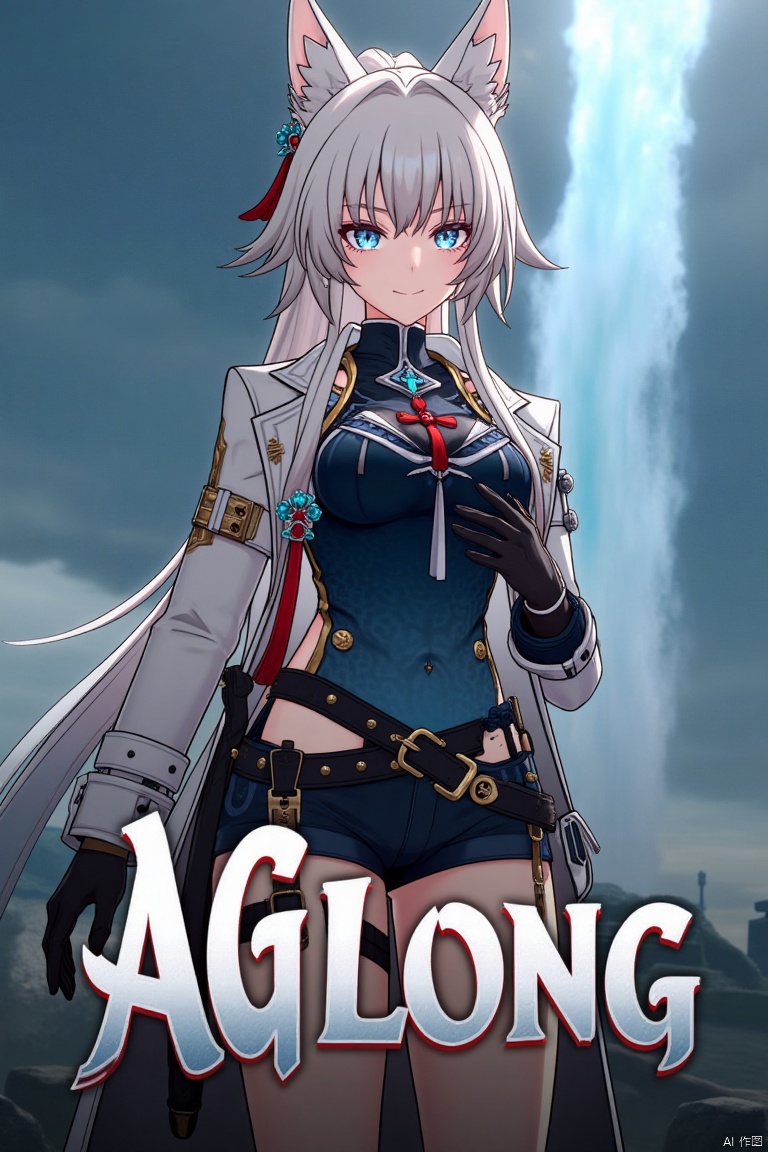 A movie poster featuring a solo 1girl with long white hair, blue eyes, and bangs, smiling at the viewer. She has animal ears, a ponytail, and is wearing black gloves, shorts, a belt with a thigh strap, and a tassel. Her jacket and coat are draped over her shoulders. She is holding something, with a dynamic pose centered in the frame. The background is cinematic, with dramatic lighting and a focus on her expressive face. Below her, three-dimensional text AGlong stands out, matching the poster's theme. The composition is balanced, with her figure and the text creating a visually striking layout.