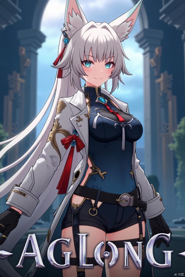 A movie poster featuring a solo 1girl with long white hair, blue eyes, and bangs, smiling at the viewer. She has animal ears, a ponytail, and is wearing black gloves, shorts, a belt with a thigh strap, and a tassel. Her jacket and coat are draped over her shoulders. She is holding something, with a dynamic pose centered in the frame. The background is cinematic, with dramatic lighting and a focus on her expressive face. Below her, three-dimensional text AGlong stands out, matching the poster's theme. The composition is balanced, with her figure and the text creating a visually striking layout.