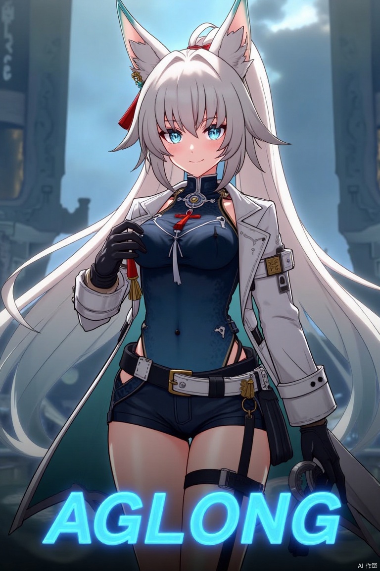 A movie poster featuring a solo 1girl with long white hair, blue eyes, and bangs, smiling at the viewer. She has animal ears, a ponytail, and is wearing black gloves, shorts, a belt with a thigh strap, and a tassel. Her jacket and coat are draped over her shoulders. She is holding something, with a dynamic pose centered in the frame. The background is cinematic, with dramatic lighting and a focus on her expressive face. Below her, three-dimensional text AGlong stands out, matching the poster's theme. The composition is balanced, with her figure and the text creating a visually striking layout.