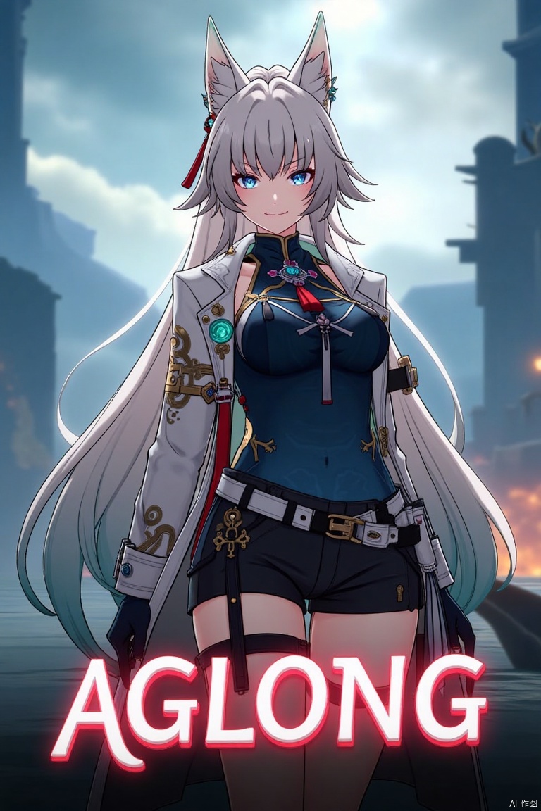 A movie poster featuring a solo 1girl with long white hair, blue eyes, and bangs, smiling at the viewer. She has animal ears, a ponytail, and is wearing black gloves, shorts, a belt with a thigh strap, and a tassel. Her jacket and coat are draped over her shoulders. She is holding something, with a dynamic pose centered in the frame. The background is cinematic, with dramatic lighting and a focus on her expressive face. Below her, three-dimensional text AGlong stands out, matching the poster's theme. The composition is balanced, with her figure and the text creating a visually striking layout.