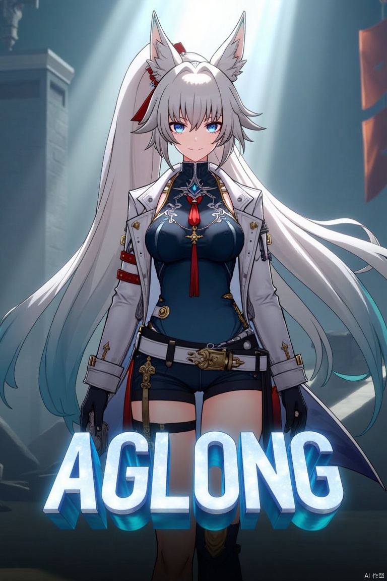A movie poster featuring a solo 1girl with long white hair, blue eyes, and bangs, smiling at the viewer. She has animal ears, a ponytail, and is wearing black gloves, shorts, a belt with a thigh strap, and a tassel. Her jacket and coat are draped over her shoulders. She is holding something, with a dynamic pose centered in the frame. The background is cinematic, with dramatic lighting and a focus on her expressive face. Below her, three-dimensional text AGlong stands out, matching the poster's theme. The composition is balanced, with her figure and the text creating a visually striking layout.