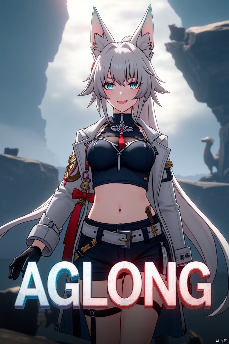 A movie poster featuring a solo 1girl with long white hair, blue eyes, and bangs, smiling at the viewer. She has animal ears, a ponytail, and is wearing black gloves, shorts, a belt with a thigh strap, and a tassel. Her jacket and coat are draped over her shoulders. She is holding something, with a dynamic pose centered in the frame. The background is cinematic, with dramatic lighting and a focus on her expressive face. Below her, three-dimensional text AGlong stands out, matching the poster's theme. The composition is balanced, with her figure and the text creating a visually striking layout.