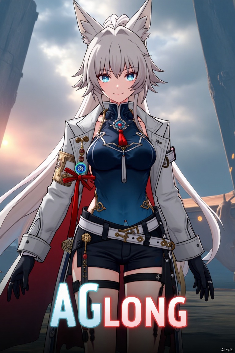 A movie poster featuring a solo 1girl with long white hair, bangs, and a ponytail, wearing black gloves, shorts, a belt with a thigh strap and tassel, and a jacket and coat draped over her shoulders. She has animal ears, blue eyes, and is holding something while smiling and looking at the viewer. The background is cinematic with dramatic lighting, and the composition includes three-dimensional text AGlong centered below the theme of the poster.