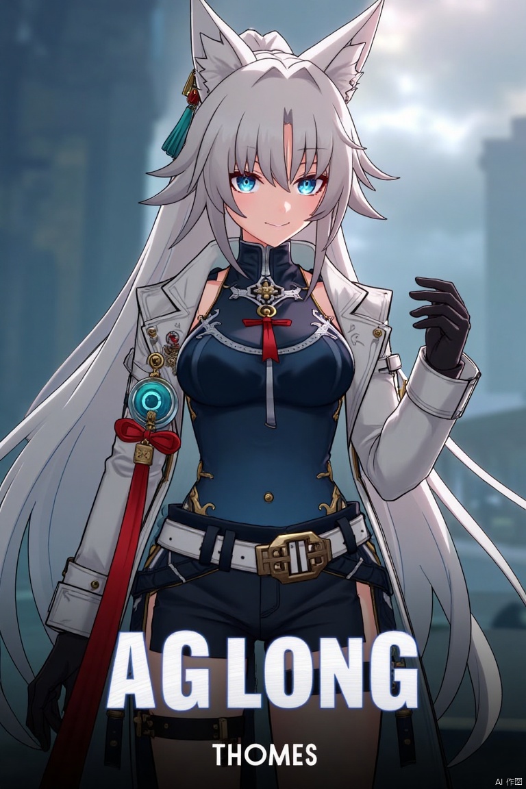 A movie poster featuring a solo 1girl with long white hair, bangs, and a ponytail, wearing black gloves, shorts, a belt with a thigh strap and tassel, and a jacket and coat draped over her shoulders. She has animal ears, blue eyes, and is holding something while smiling and looking at the viewer. The background is cinematic with dramatic lighting, and the composition includes three-dimensional text AGlong centered below the theme of the poster.