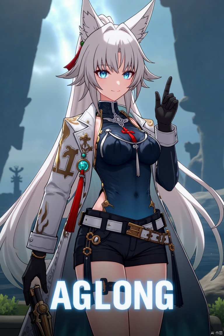 A movie poster featuring a solo 1girl with long white hair, bangs, and a ponytail, wearing black gloves, shorts, a belt with a thigh strap and tassel, and a jacket and coat draped over her shoulders. She has animal ears, blue eyes, and is holding something while smiling and looking at the viewer. The background is cinematic with dramatic lighting, and the composition includes three-dimensional text AGlong centered below the theme of the poster.