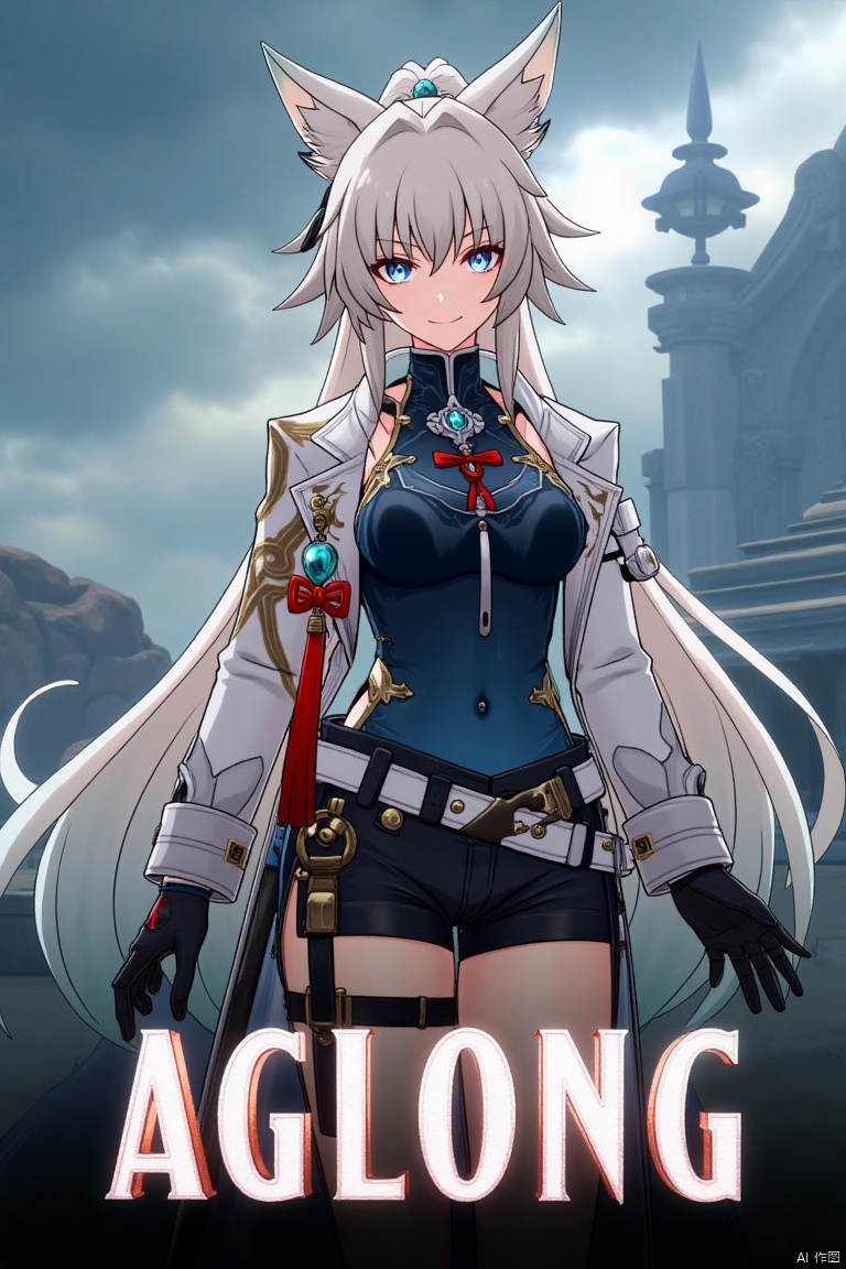 A movie poster featuring a solo 1girl with long white hair, bangs, and a ponytail, wearing black gloves, shorts, a belt with a thigh strap and tassel, and a jacket and coat draped over her shoulders. She has animal ears, blue eyes, and is holding something while smiling and looking at the viewer. The background is cinematic with dramatic lighting, and the composition includes three-dimensional text AGlong centered below the theme of the poster.