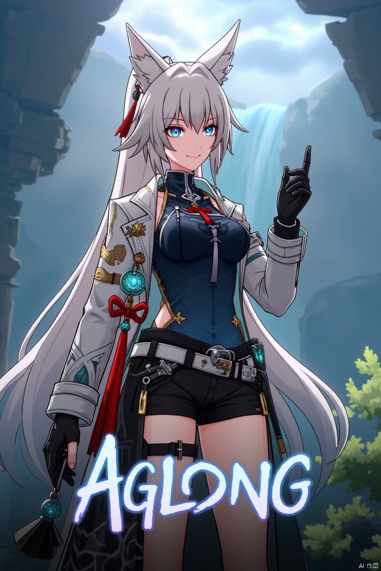 A movie poster featuring a solo 1girl with long white hair, bangs, and a ponytail, wearing black gloves, shorts, a belt with a thigh strap and tassel, and a jacket and coat draped over her shoulders. She has animal ears, blue eyes, and is holding something while smiling and looking at the viewer. The background is cinematic with dramatic lighting, and the composition includes three-dimensional text AGlong centered below the theme of the poster.