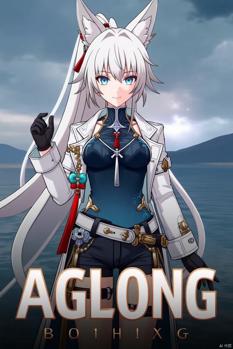 A movie poster featuring a solo 1girl with long white hair, blue eyes, and bangs, smiling at the viewer. She has animal ears, a ponytail, and is wearing black gloves, shorts, a belt with a thigh strap, and a tassel. Her jacket and coat are draped over her shoulders. She is holding something, with a dynamic pose centered in the frame. The background is cinematic, with dramatic lighting and a focus on her expressive face. Below her, three-dimensional text AGlong stands out, matching the poster's theme. The composition is balanced, with her figure and the text creating a visually striking layout.