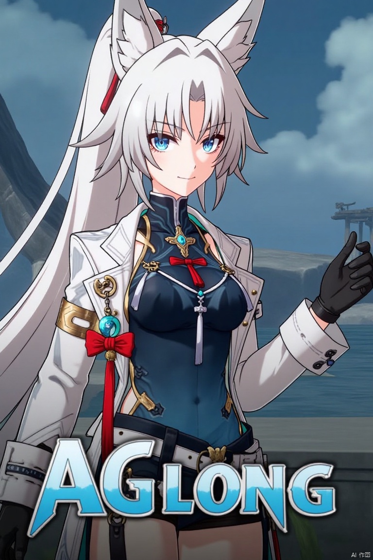 A movie poster featuring a solo 1girl with long white hair, blue eyes, and bangs, smiling at the viewer. She has animal ears, a ponytail, and is wearing black gloves, shorts, a belt with a thigh strap, and a tassel. Her jacket and coat are draped over her shoulders. She is holding something, with a dynamic pose centered in the frame. The background is cinematic, with dramatic lighting and a focus on her expressive face. Below her, three-dimensional text AGlong stands out, matching the poster's theme. The composition is balanced, with her figure and the text creating a visually striking layout.