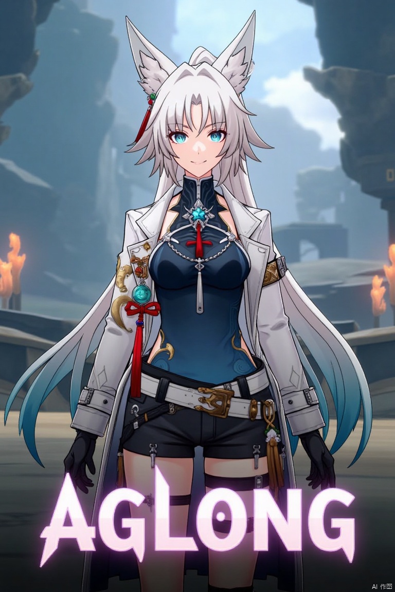 A movie poster featuring a solo 1girl with long white hair, blue eyes, and bangs, smiling at the viewer. She has animal ears, a ponytail, and is wearing black gloves, shorts, a belt with a thigh strap, and a tassel. Her jacket and coat are draped over her shoulders. She is holding something, with a dynamic pose centered in the frame. The background is cinematic, with dramatic lighting and a focus on her expressive face. Below her, three-dimensional text AGlong stands out, matching the poster's theme. The composition is balanced, with her figure and the text creating a visually striking layout.