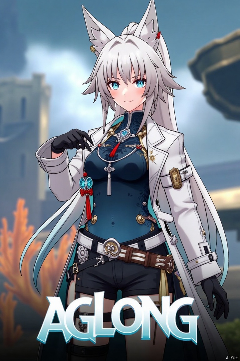 A movie poster featuring a solo 1girl with long white hair, blue eyes, and bangs, smiling at the viewer. She has animal ears, a ponytail, and is wearing black gloves, shorts, a belt with a thigh strap, and a tassel. Her jacket and coat are draped over her shoulders. She is holding something, with a dynamic pose centered in the frame. The background is cinematic, with dramatic lighting and a focus on her expressive face. Below her, three-dimensional text AGlong stands out, matching the poster's theme. The composition is balanced, with her figure and the text creating a visually striking layout.