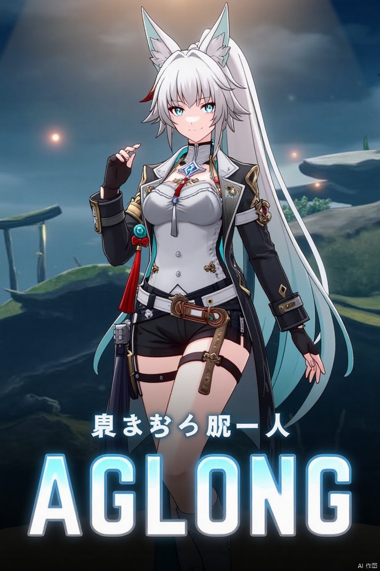 A movie poster featuring a solo 1girl with long white hair, blue eyes, and bangs, smiling at the viewer. She has animal ears, a ponytail, and is wearing black gloves, shorts, a belt with a thigh strap, and a tassel. Her jacket and coat are draped over her shoulders. She is holding something, with a dynamic pose centered in the frame. The background is cinematic, with dramatic lighting and a focus on her expressive face. Below her, three-dimensional text AGlong stands out, matching the poster's theme. The composition is balanced, with her figure and the text creating a visually striking layout.