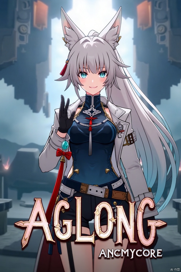 A movie poster featuring a solo 1girl with long white hair, blue eyes, and bangs, smiling at the viewer. She has animal ears, a ponytail, and is wearing black gloves, shorts, a belt with a thigh strap, and a tassel. Her jacket and coat are draped over her shoulders. She is holding something, with a dynamic pose centered in the frame. The background is cinematic, with dramatic lighting and a focus on her expressive face. Below her, three-dimensional text AGlong stands out, matching the poster's theme. The composition is balanced, with her figure and the text creating a visually striking layout.
