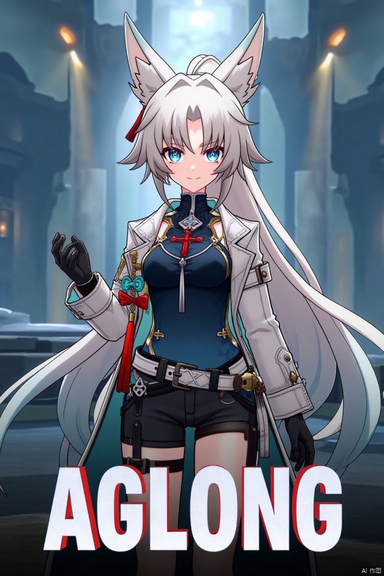 A movie poster featuring a solo 1girl with long white hair, blue eyes, and bangs, smiling at the viewer. She has animal ears, a ponytail, and is wearing black gloves, shorts, a belt with a thigh strap, and a tassel. Her jacket and coat are draped over her shoulders. She is holding something, with a dynamic pose centered in the frame. The background is cinematic, with dramatic lighting and a focus on her expressive face. Below her, three-dimensional text AGlong stands out, matching the poster's theme. The composition is balanced, with her figure and the text creating a visually striking layout.