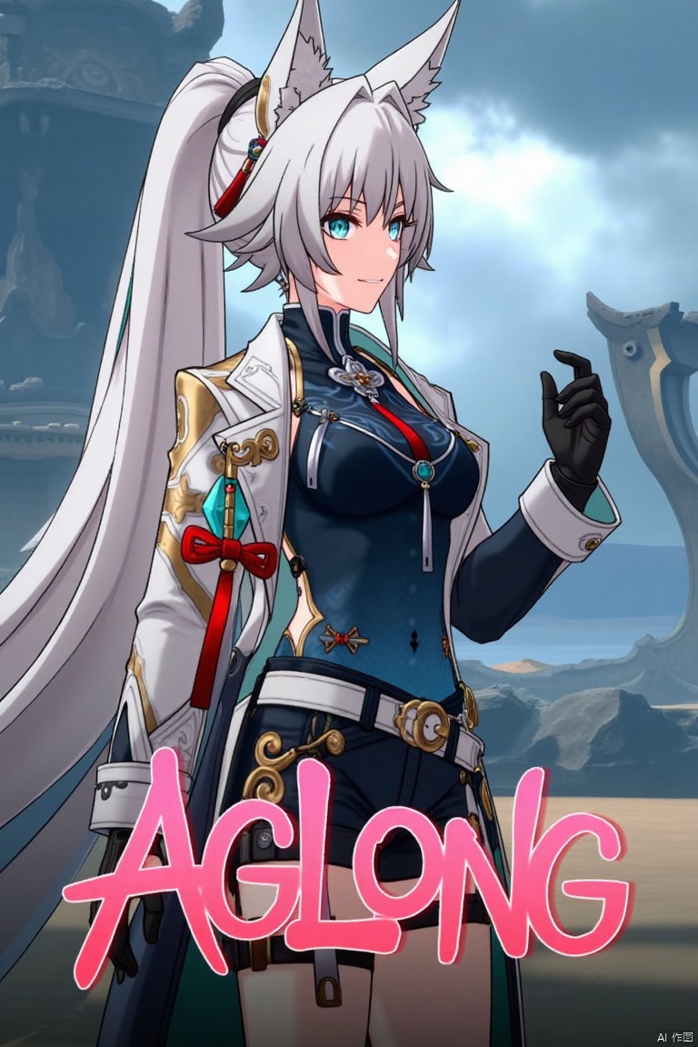 A movie poster featuring a solo 1girl with long white hair, blue eyes, and bangs, smiling at the viewer. She has animal ears, a ponytail, and is wearing black gloves, shorts, a belt with a thigh strap, and a tassel. Her jacket and coat are draped over her shoulders. She is holding something, with a dynamic pose centered in the frame. The background is cinematic, with dramatic lighting and a focus on her expressive face. Below her, three-dimensional text AGlong stands out, matching the poster's theme. The composition is balanced, with her figure and the text creating a visually striking layout.