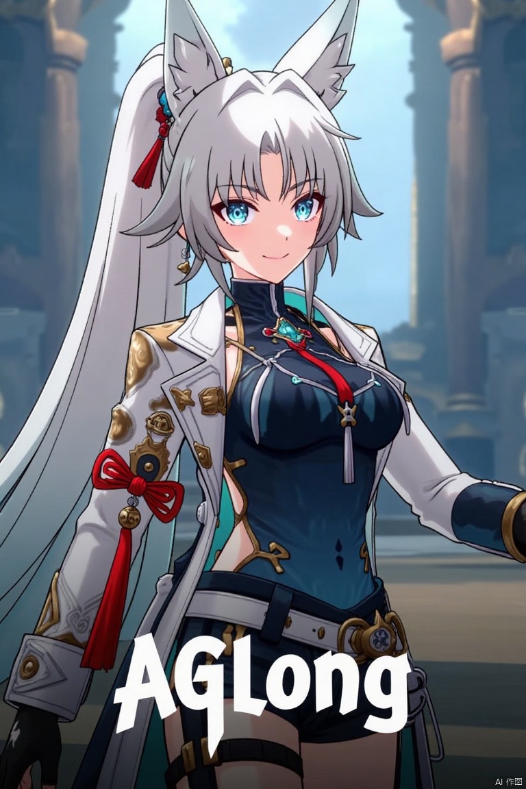 A movie poster featuring a solo 1girl with long white hair, blue eyes, and bangs, smiling at the viewer. She has animal ears, a ponytail, and is wearing black gloves, shorts, a belt with a thigh strap, and a tassel. Her jacket and coat are draped over her shoulders. She is holding something, with a dynamic pose centered in the frame. The background is cinematic, with dramatic lighting and a focus on her expressive face. Below her, three-dimensional text AGlong stands out, matching the poster's theme. The composition is balanced, with her figure and the text creating a visually striking layout.